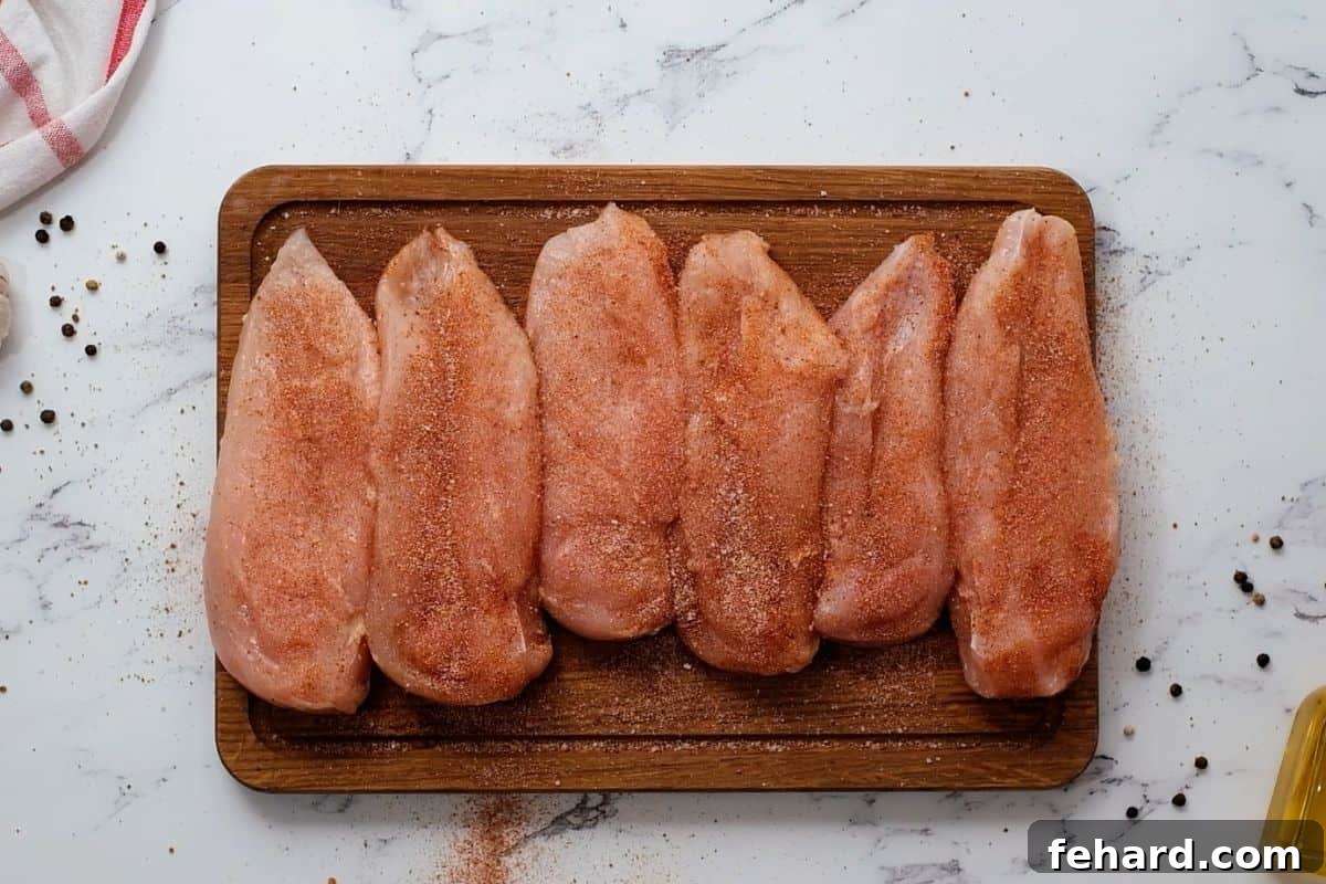 6 chicken breasts on cutting board that have been seasoned with homemade dry rub.