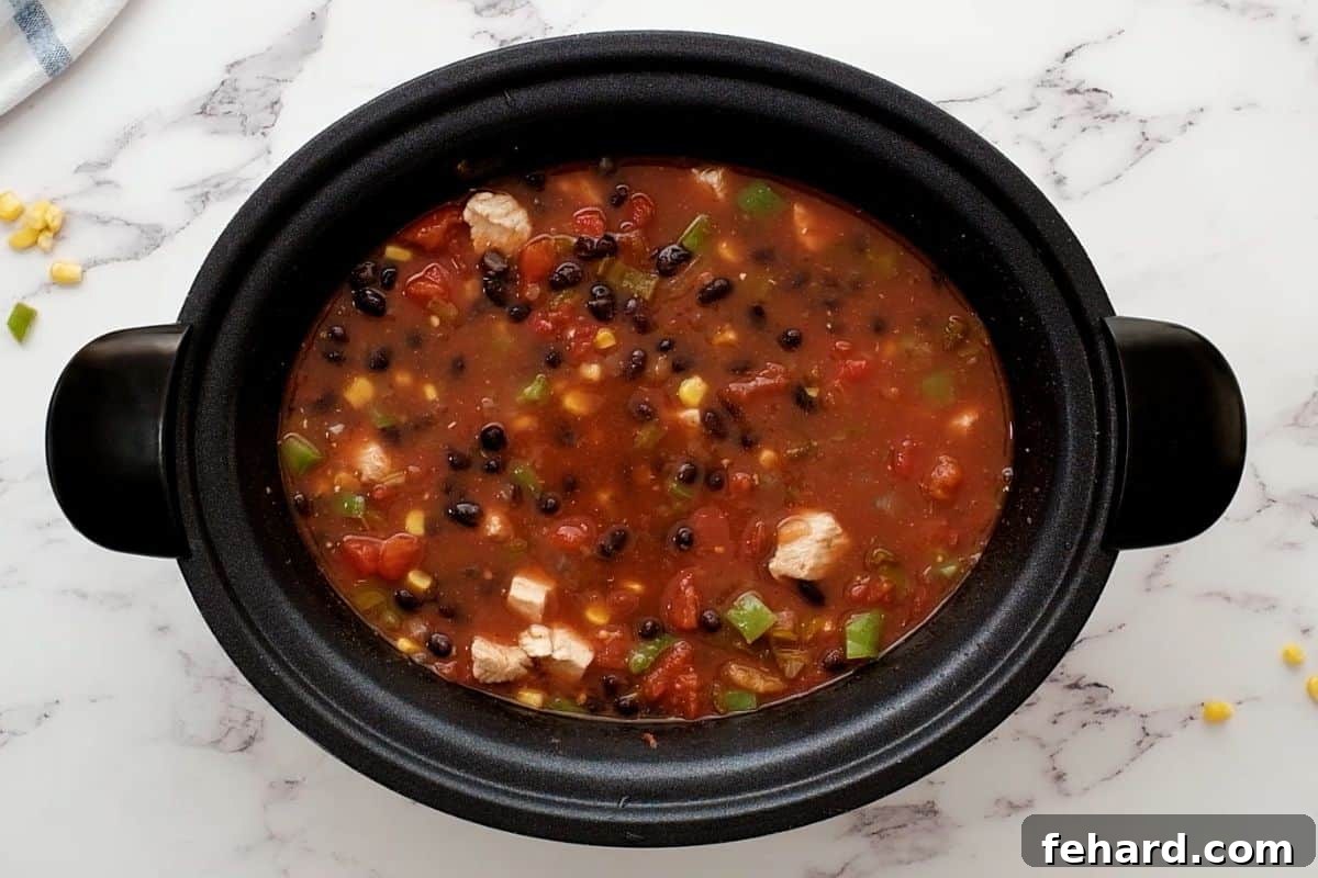Combine Ingredients for Best Turkey Soup Recipe All the ingredients for the Southwest Turkey Soup, including turkey, beans, corn, tomatoes, and spices, layered in a slow cooker before cooking.