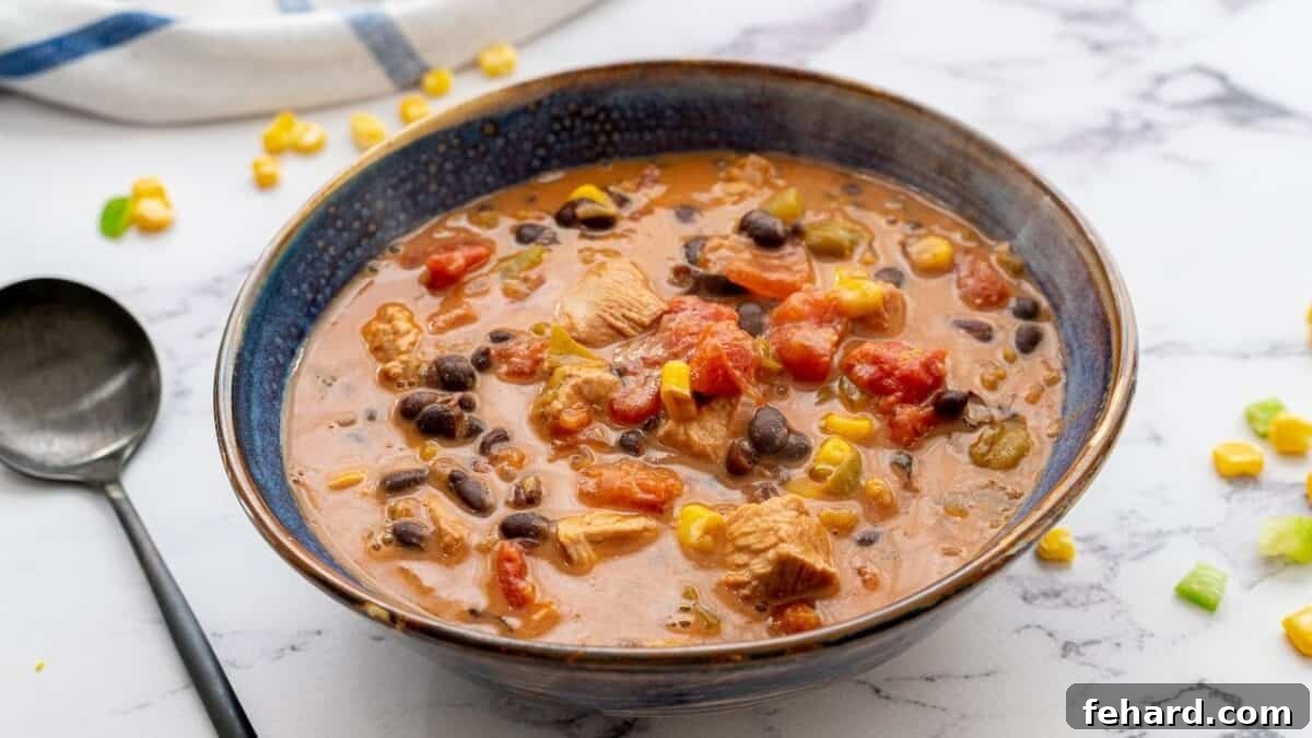 Easy Leftover Turkey Soup with Toppings A vibrant bowl of Southwest Leftover Turkey Soup, garnished with fresh cilantro and lime wedges, showcasing the rich colors of black beans and corn.