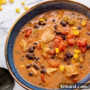 Southwest Turkey Soup in blue bowl, close up.
