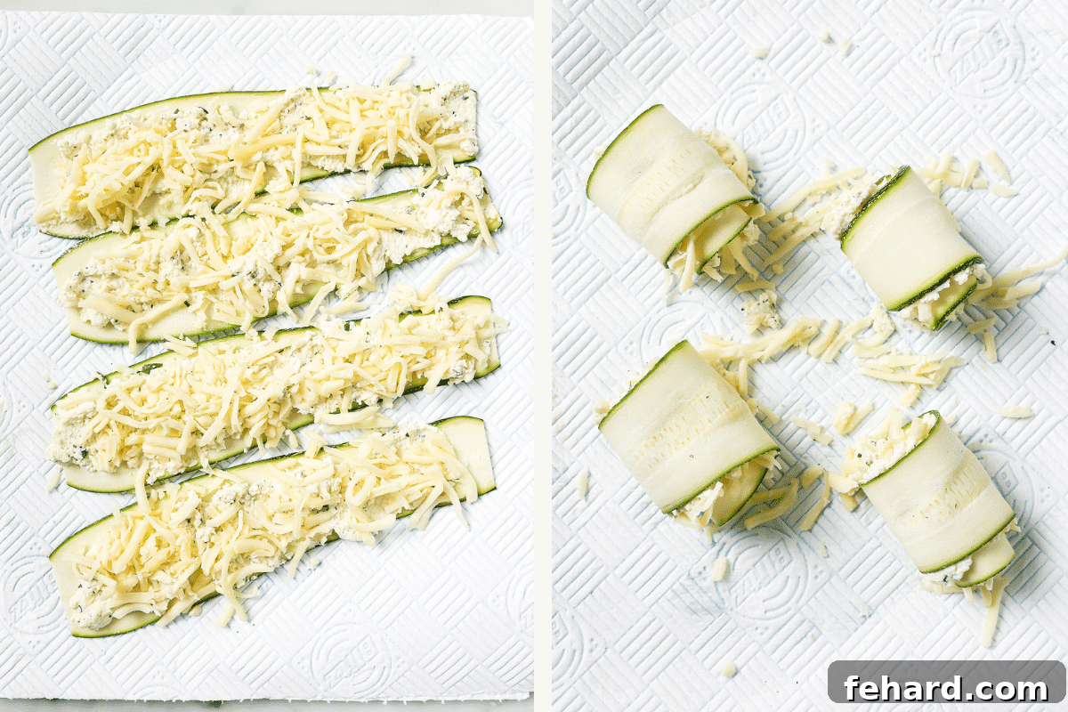 Zucchini Lasagna Pinwheels 4 Left: zucchini strips with the cheese filling spread. Right: zucchini strips rolled up and ready for the baking dish.