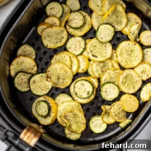 Crispy Air Fried Squash 3 Air Fried Squash and Zucchini in basket of air fryer, ready to be served.