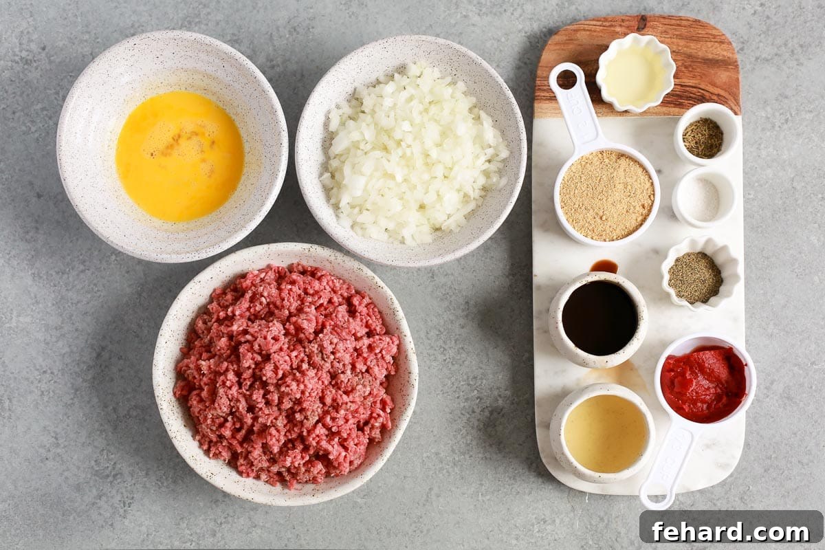 Guilt Free Meatloaf Perfection 3 ingredients in prep bowls to make a healthy meatloaf recipe