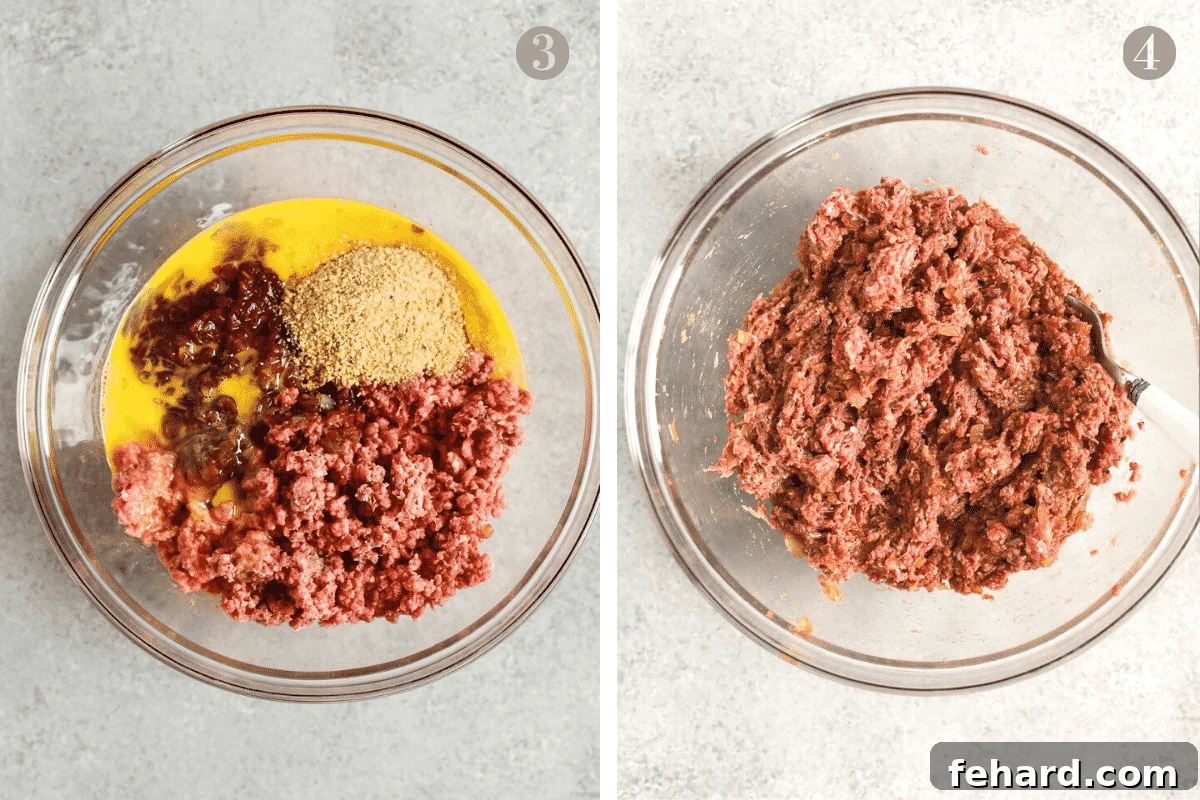 Guilt Free Meatloaf Perfection 5 ground beef, egg, worcestershire sauce, and bread crumbs in a mixing bowl