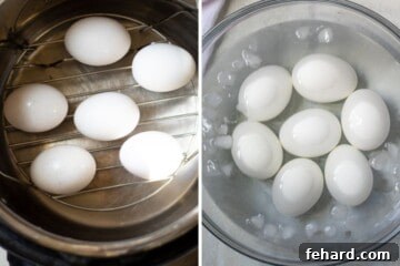 Irresistible Deviled Eggs 4 Side by side photo of hard-boiled eggs in instant pot and ice bath.