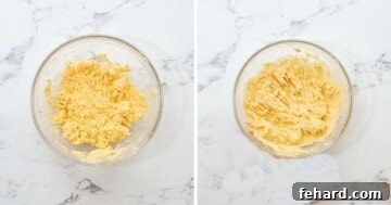 Irresistible Deviled Eggs 6 Side by side mixing bowls before and after mixing filling