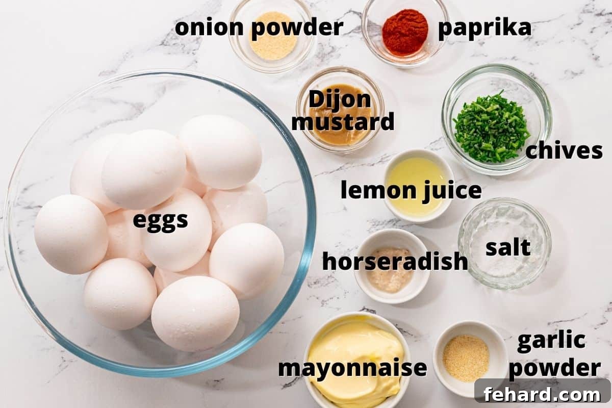 Deviled Eggs Recipe Ingredients A selection of fresh ingredients laid out on a kitchen counter, including eggs, mayonnaise, mustard, horseradish, and spices, all ready for making deviled eggs.