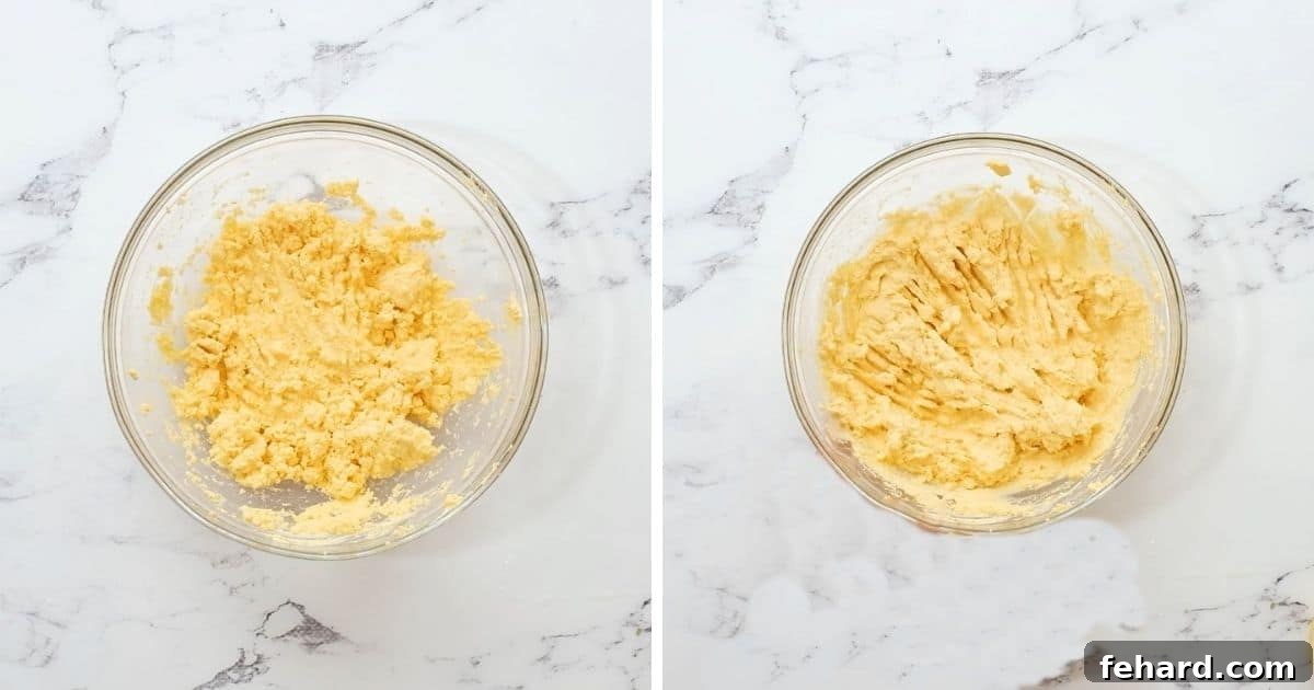 Easy Deviled Eggs Filling A comparison of two mixing bowls: one holds mashed egg yolks before adding other ingredients, and the other shows the smooth, creamy deviled egg filling after mixing.