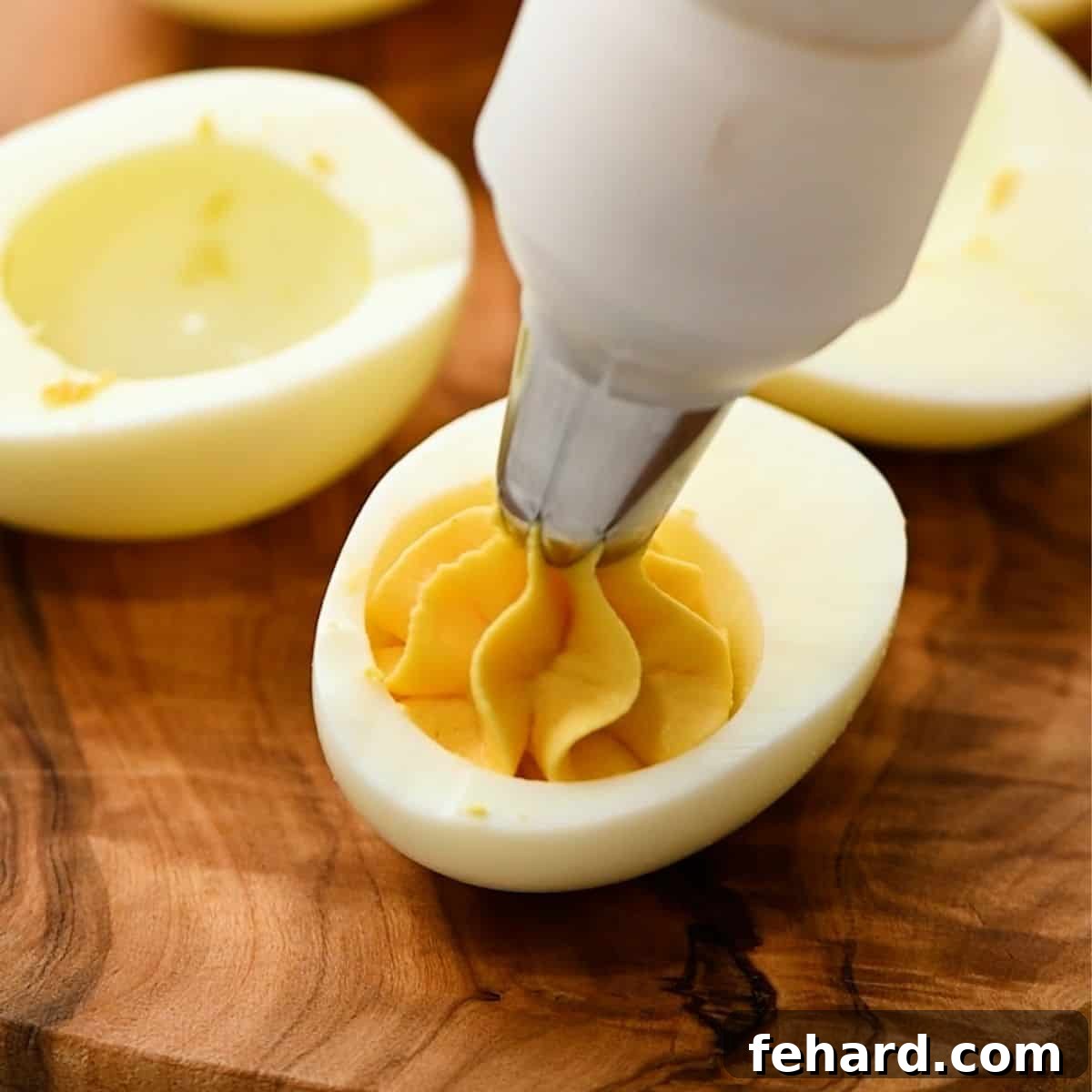 Best Deviled Eggs Assembly A close-up shot of a piping bag expertly filling an egg white with the creamy deviled egg mixture, showcasing a neat and elegant presentation.