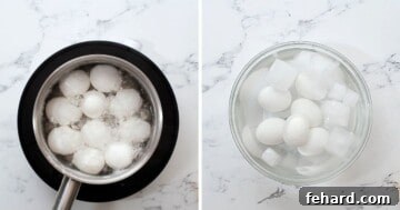 Irresistible Deviled Eggs 3 Side by side picture of eggs in saucepan then in ice bath.