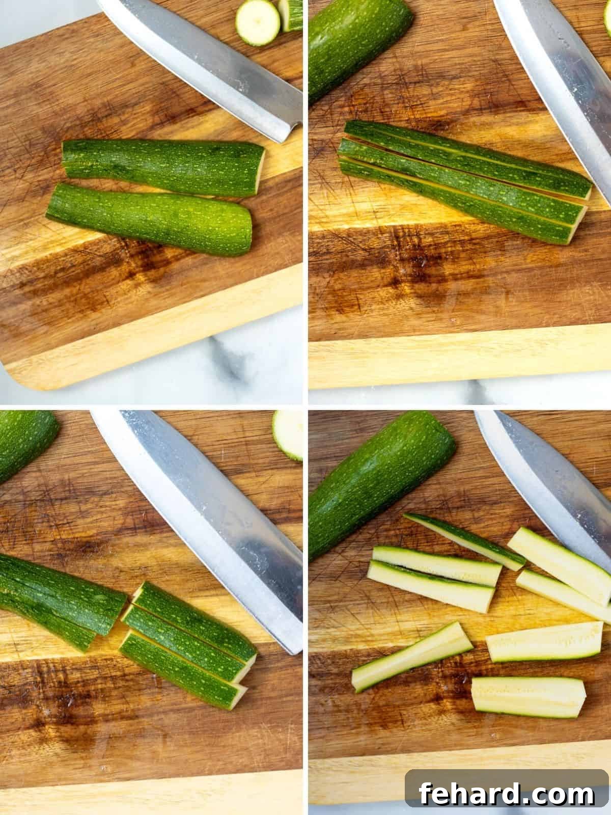 Zucchini Fries Air Fryer Step-by-step photos illustrating how to properly cut a whole zucchini into fry-like sticks.