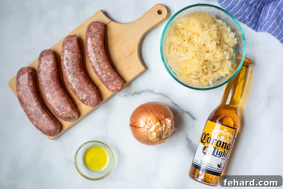 Ingredients for Instant Pot Brats laid out on a kitchen counter. 