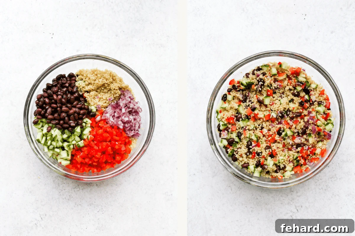 Progression of salad assembly: salad ingredients measured into a bowl, and all ingredients mixed up in a bowl.