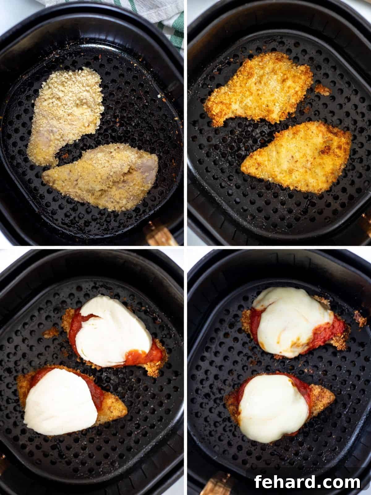 Collage of 4 pictures with step by step pictures showing air frying chicken parmesan.