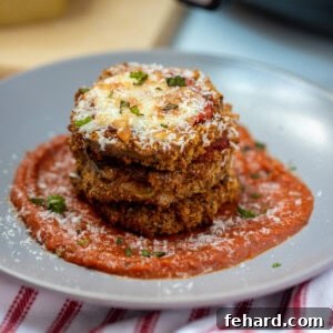 A beautifully presented Air Fryer Eggplant Parmesan dish, showcasing the golden-brown breading and melted cheese.
