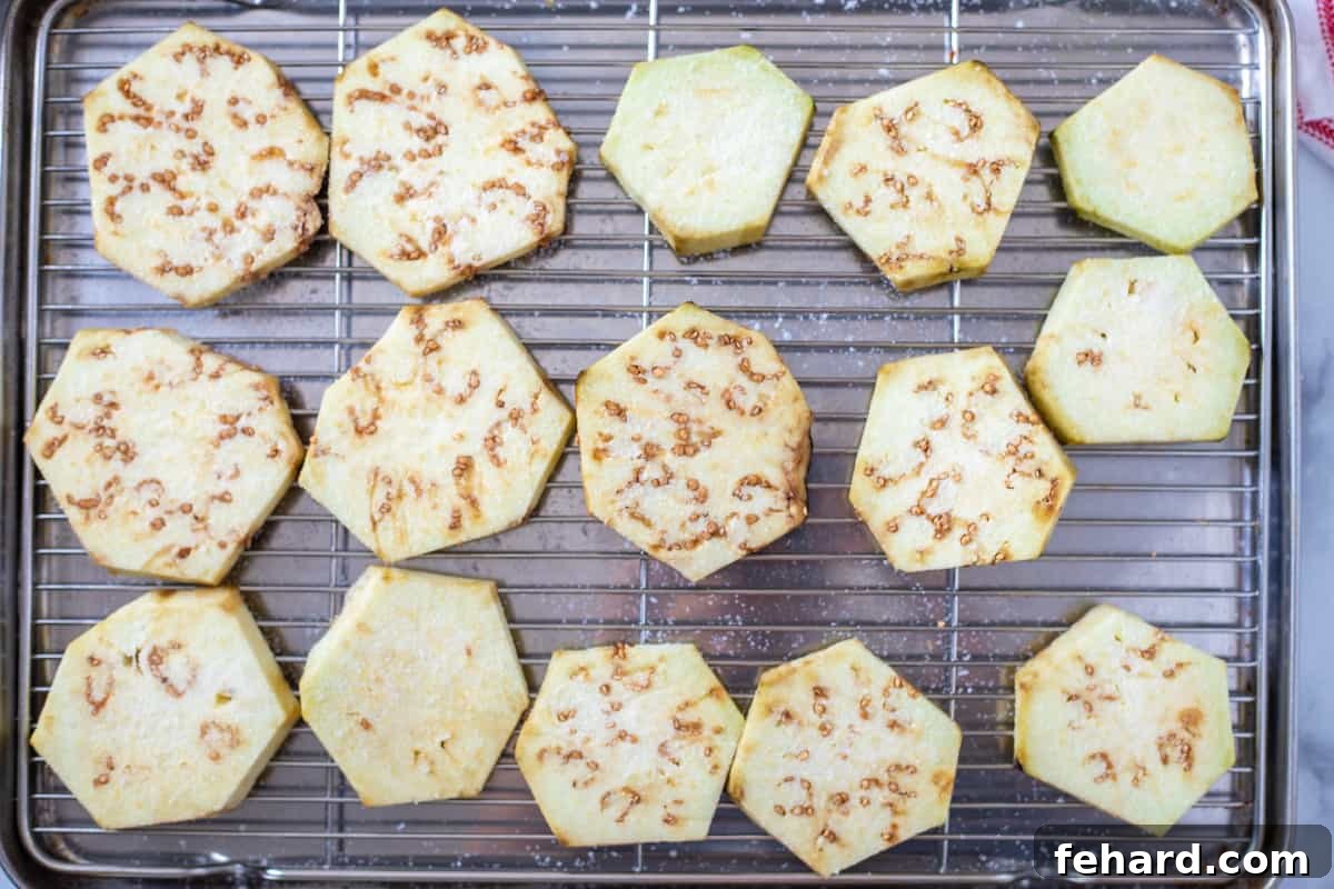 Sliced eggplant rounds neatly arranged on a baking sheet with salt, preparing to draw out moisture and bitterness.