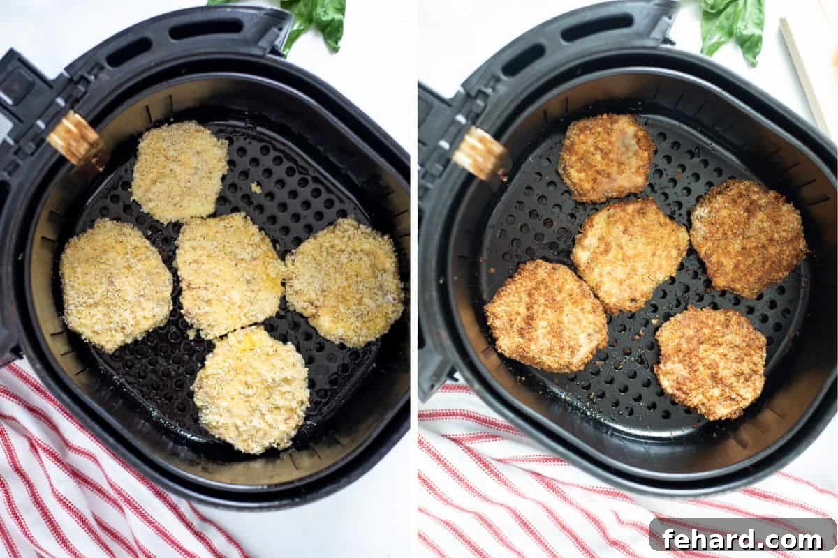 Before and after comparison of breaded eggplant slices in an air fryer basket, demonstrating the transition from raw to perfectly golden and crispy.