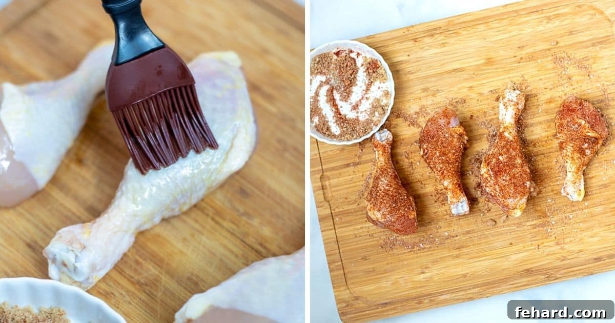 Side by side photo of chicken leg being brushed with oil then seasoned with dry rub before air frying. 