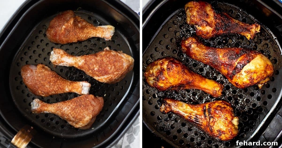 Side by side photo of chicken legs in basket of air fryer before and after air frying.