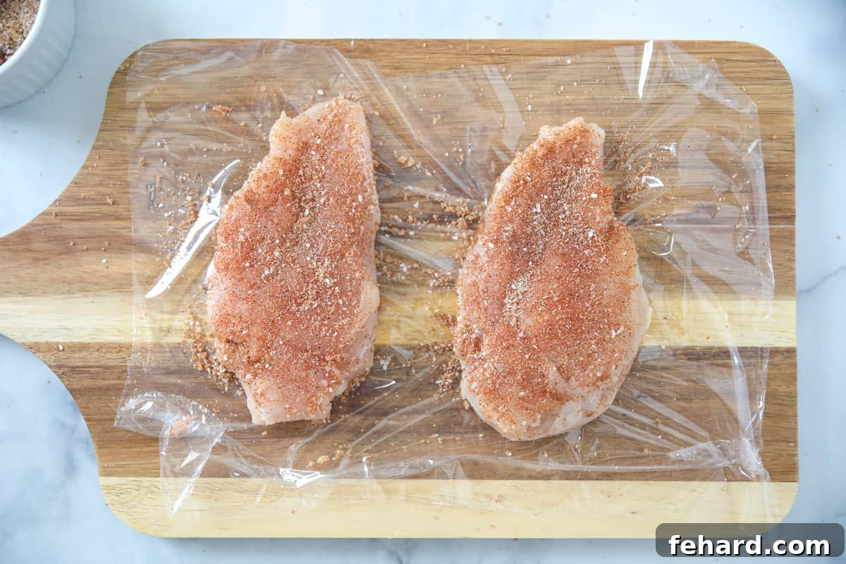 Two seasoned boneless, skinless chicken breasts on a wooden cutting board, glistening with spices and ready for air frying.