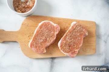 Two boneless pork chops seasoned with dry rub.