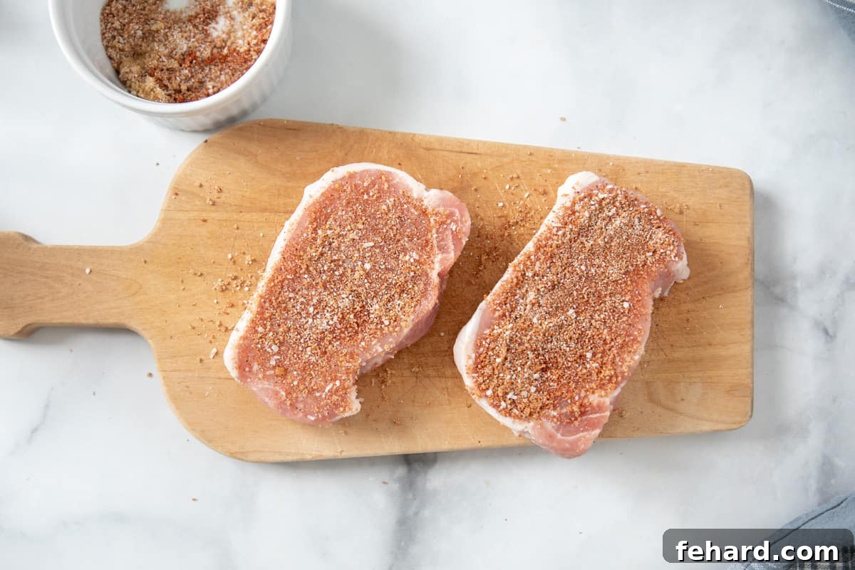 Two boneless pork chops generously seasoned with a dry rub, ready for air frying.