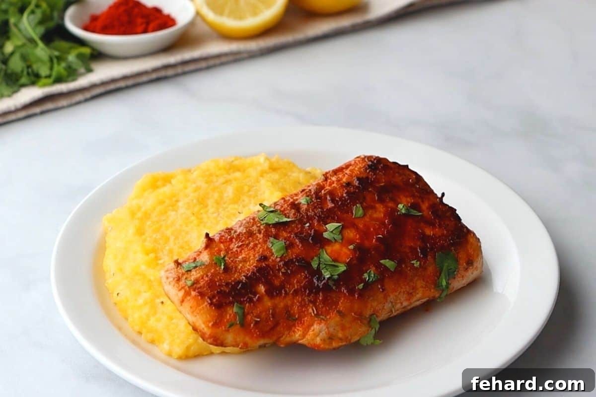 Blackened Mahi Mahi on plate served next to cheesy grits.