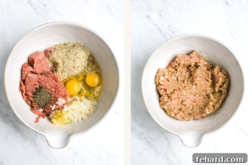 Left: meatball ingredients measured into bowl. Right: meatball ingredients all mixed up.
