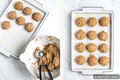 Left: using cookie scoop to form meatballs. Right: meatballs lined on baking sheet.