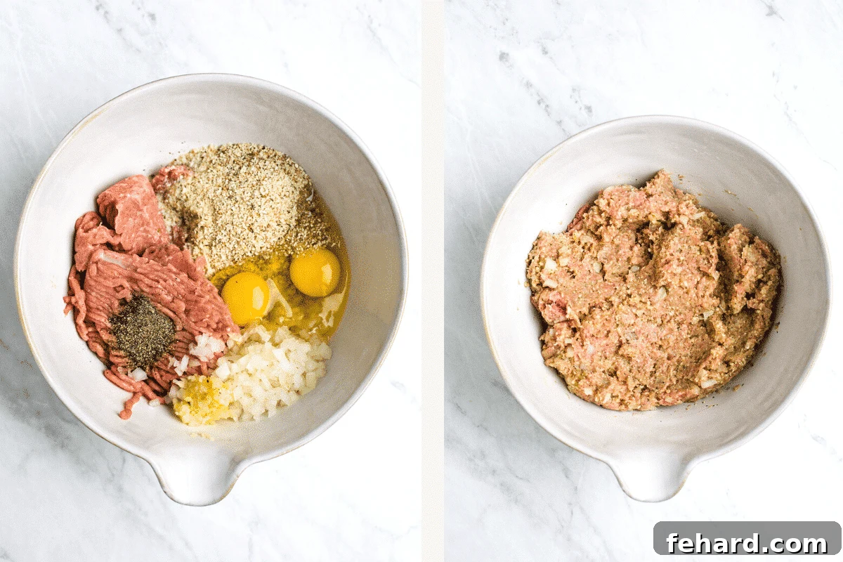 Left: meatball ingredients measured into bowl. Right: meatball ingredients all mixed up.