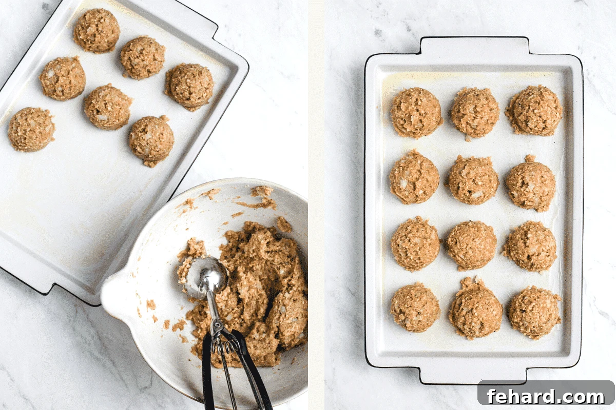 Left: using cookie scoop to form meatballs. Right: meatballs lined on baking sheet. 