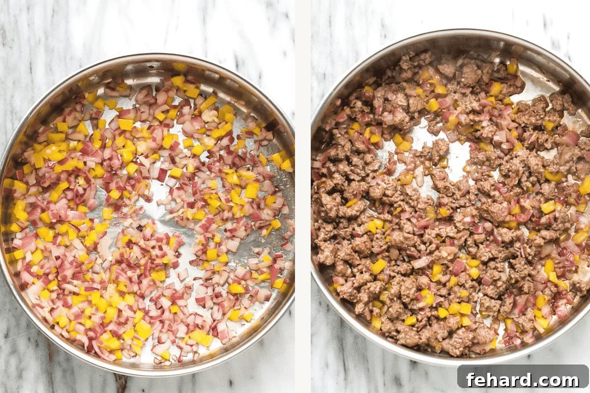 Sautéing veggies and ground beef in a large stainless steel pan.