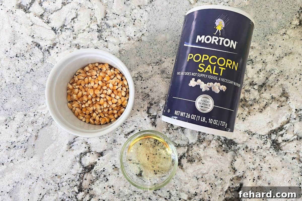 Stovetop Popcorn Ingredients Popcorn kernels, cooking oil, and fine popcorn salt arranged on a kitchen counter.