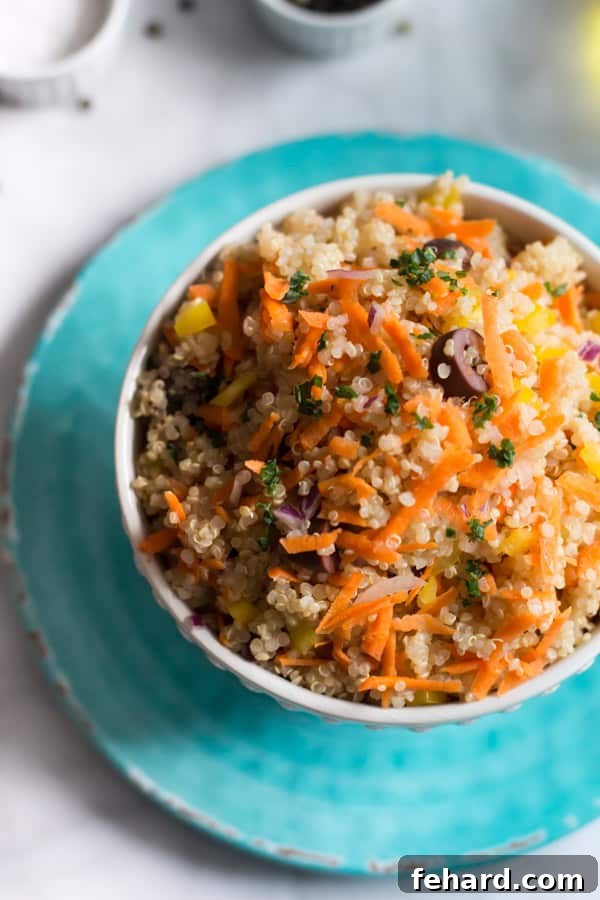 Carrot Quinoa Salad - A close-up of the fresh and colorful ingredients in the healthy quinoa salad. Carrot Quinoa Salad - This quinoa salad is filled with shredded carrots, red onions, bell pepper and olives. It is gluten-free, vegan, healthy and very flavourful too.