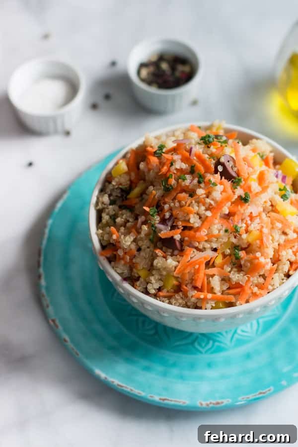 Carrot Quinoa Salad - A beautifully plated serving of the healthy and delicious Carrot Quinoa Salad. Carrot Quinoa Salad - This quinoa salad is filled with shredded carrots, red onions, bell pepper and olives. It is gluten-free, vegan, healthy and very flavourful too.
