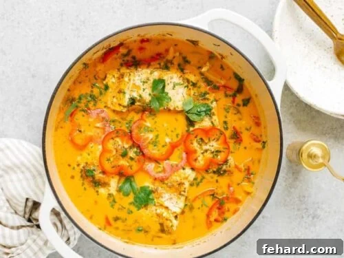 Vibrant Brazilian Fish Stew 13 overhead view of fish stew in a white pot