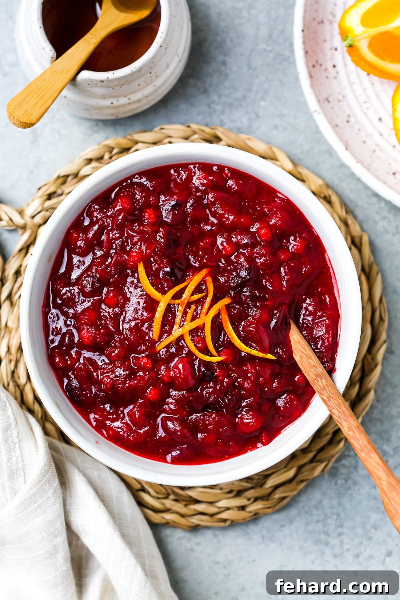 Overhead view of Cranberry Orange Sauce in a white bowl