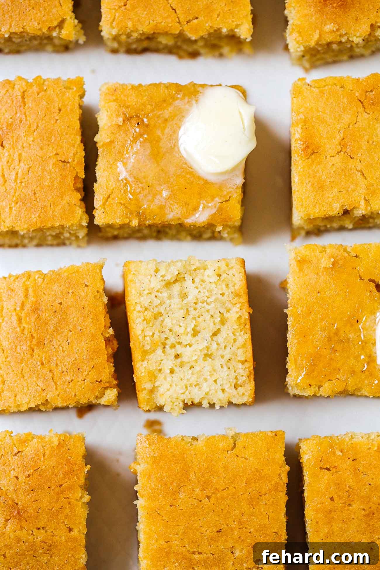 overhead view of gluten free cornbread cut in cubes