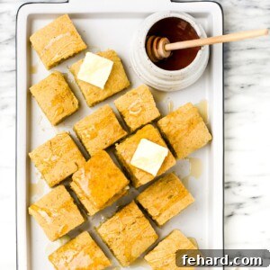 overhead view of cornbread cut in cubes