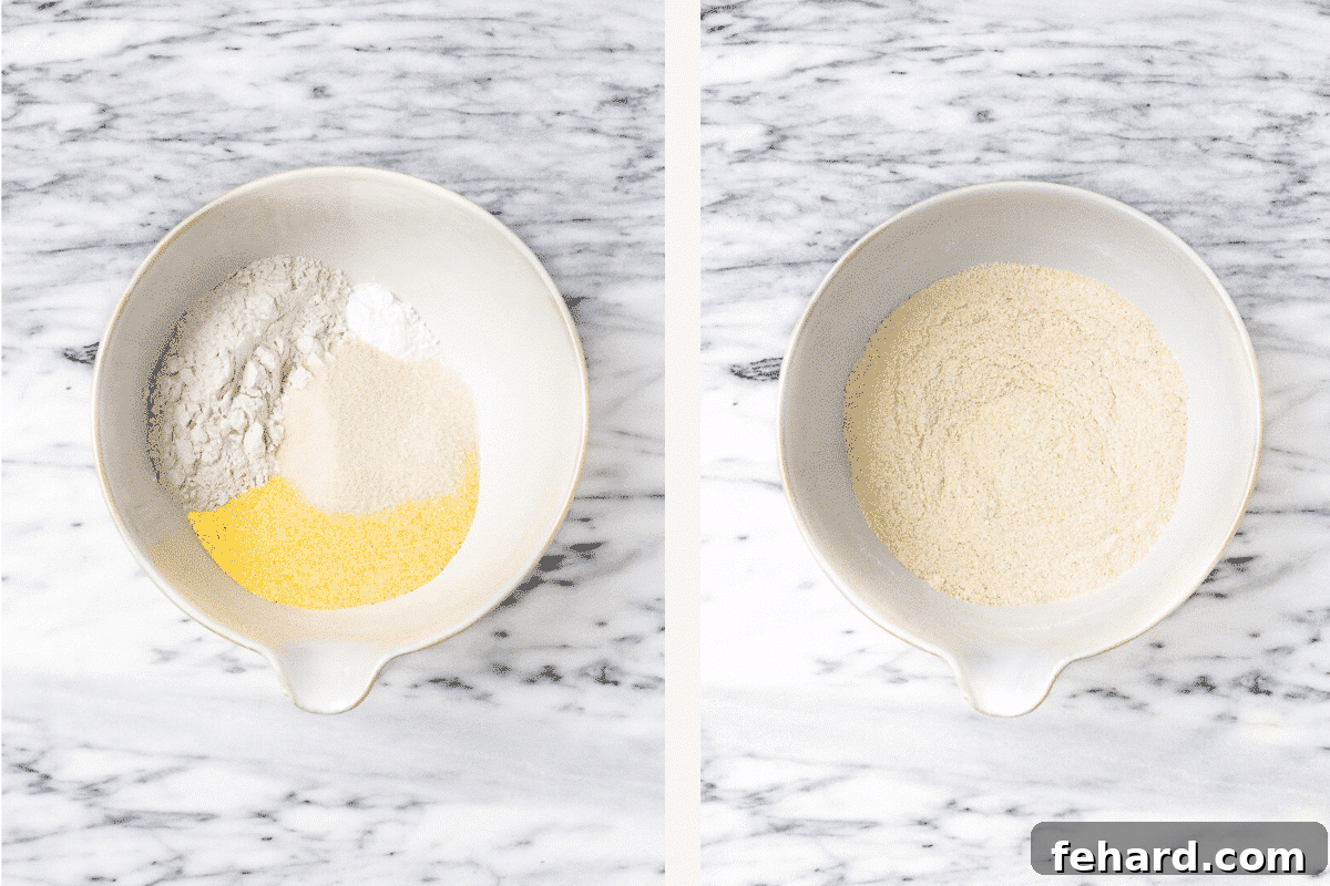 dry ingredients to make a gluten-free cornbread in a white bowl on a marble countertop 