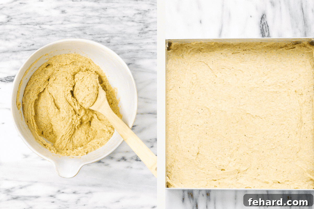 Wet ingredients are in a white bowl on the right side, while the dry ingredients are on a baking sheet on the left side.