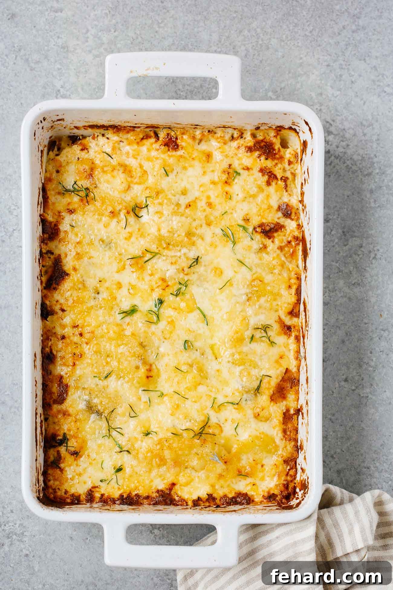 Golden Baked Cheesy Potatoes 3 overhead view of potatoes au gratin in a casserole