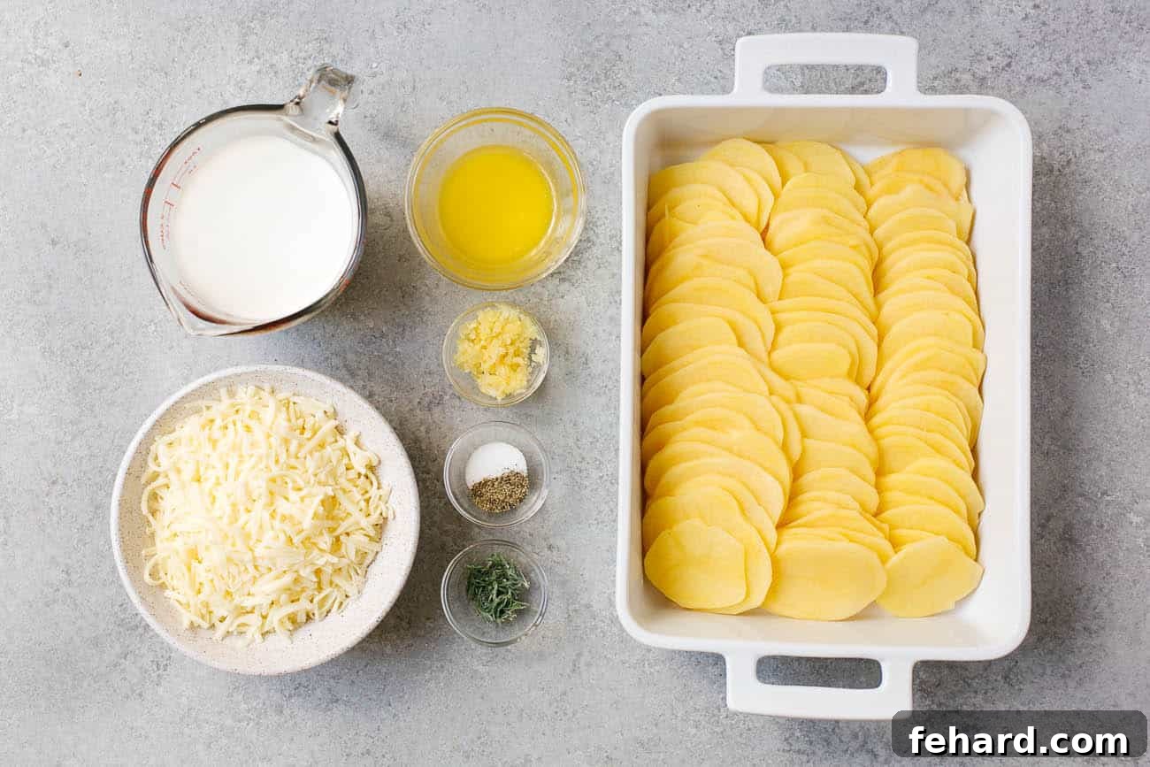 Golden Baked Cheesy Potatoes 4 overhead view of potatoes au gratin ingredients