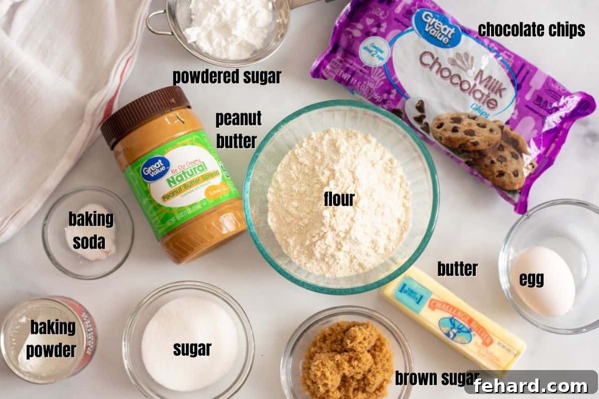 Chocolate Dipped Peanut Butter Cookies Ingredients Labeled ingredients for peanut butter chocolate cookies, showcasing fresh, high-quality components.