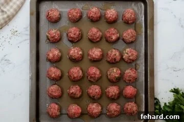 Shaped meatballs on baking sheet with a bit of beef broth.