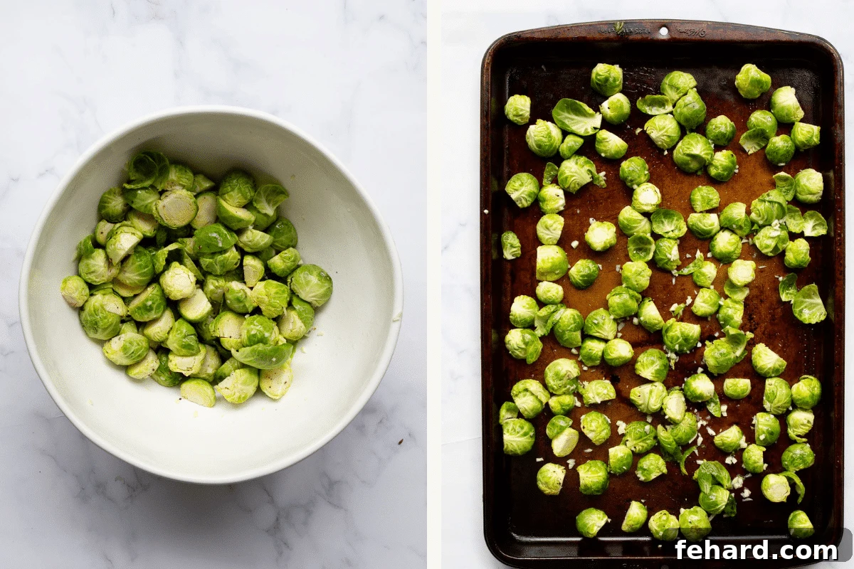 right: raw brussel sprouts in a white bowl. Left: roasted brussel sprouts on a baking sheet.