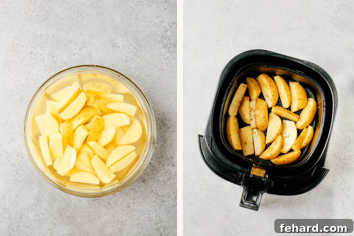 Left: a glass bowl with water and raw potato wedges soaking. Right: raw seasoned potato wedges inside of an air fryer basket, ready to cook.