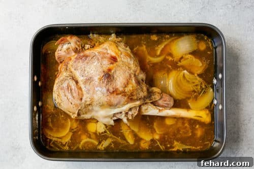 Partially cooked leg of lamb in a roasting pan, before turning and browning.