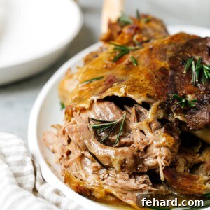 Closeup of slow roast leg of lamb with herbs