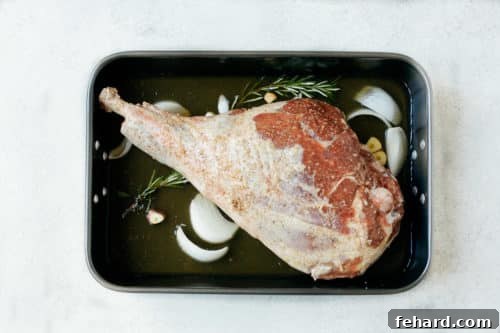 Liquid being poured around the raw leg of lamb in the roasting pan.